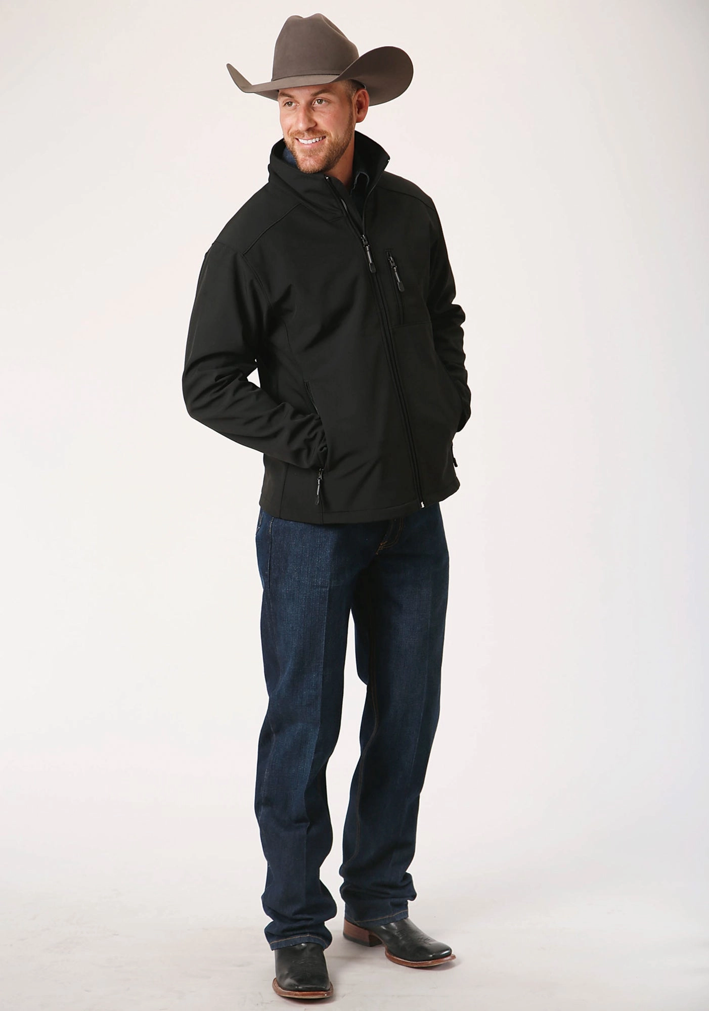 Cold Weather Flexible Hem Adjustment Roper Technical Mens Black Polyester Softshell Jacket