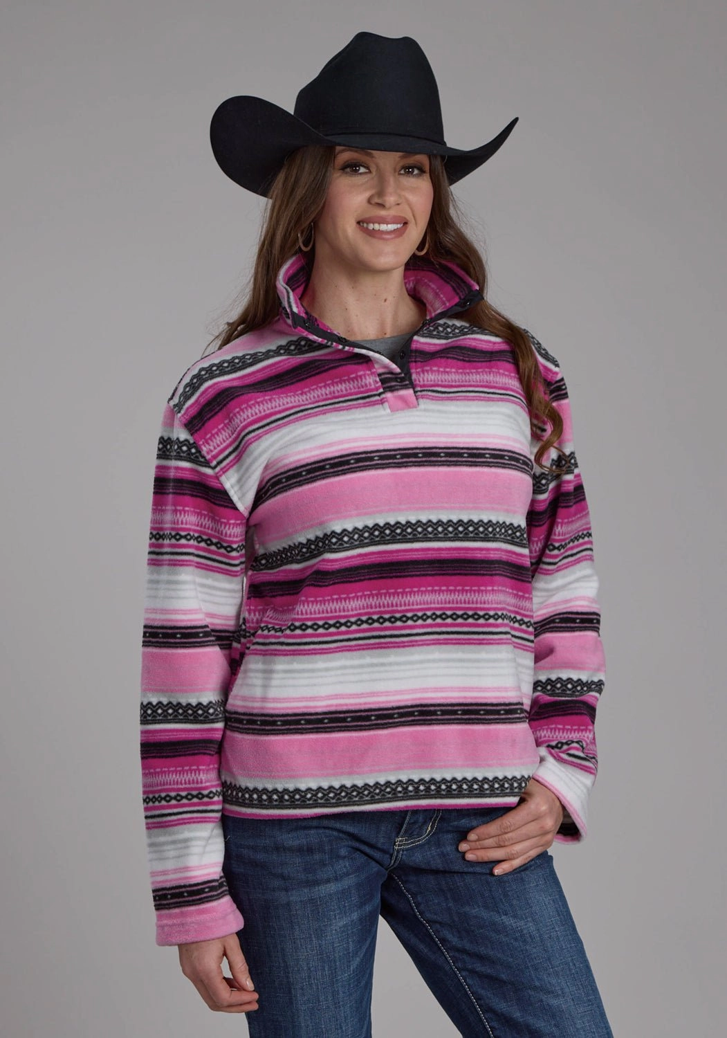 Roper Womens Aztec Stripe Pink/Purple 100% Polyester Fleece Jacket Convertible Features