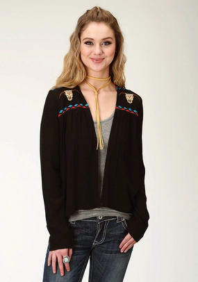 Stretch Knit Technology Casual Layering Roper Womens Black Cotton Blend Blended Crepe Cardigan