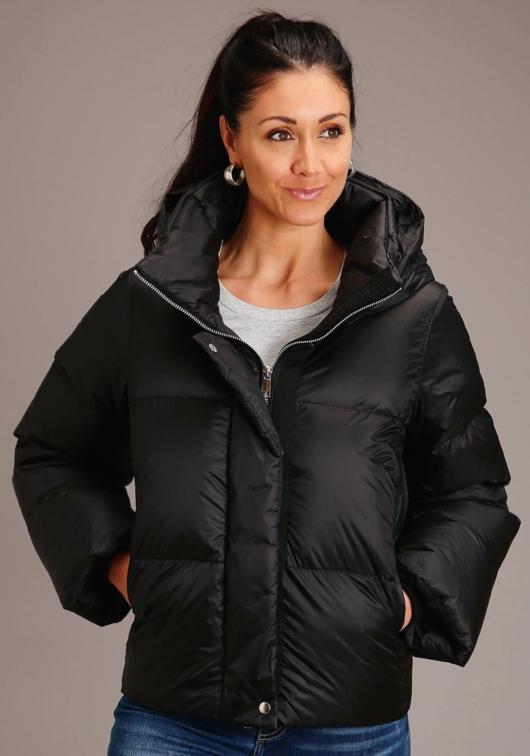 Roper Womens Black Nylon Hooded Down Puffer Coat Bonded seams Eco Friendly