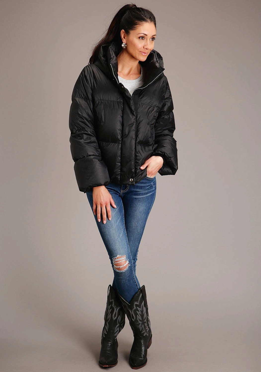 Roper Womens Black Nylon Hooded Down Puffer Coat Outdoor Adventure