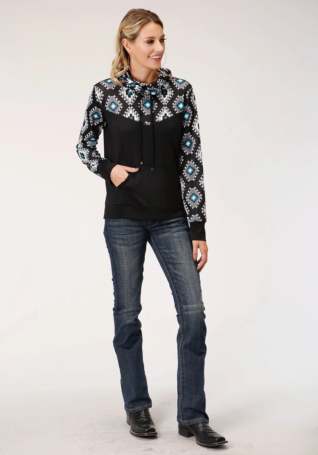 Roper Womens Black Polyester Cowl Neck Navajo Rug Hoodie Cold Comfort