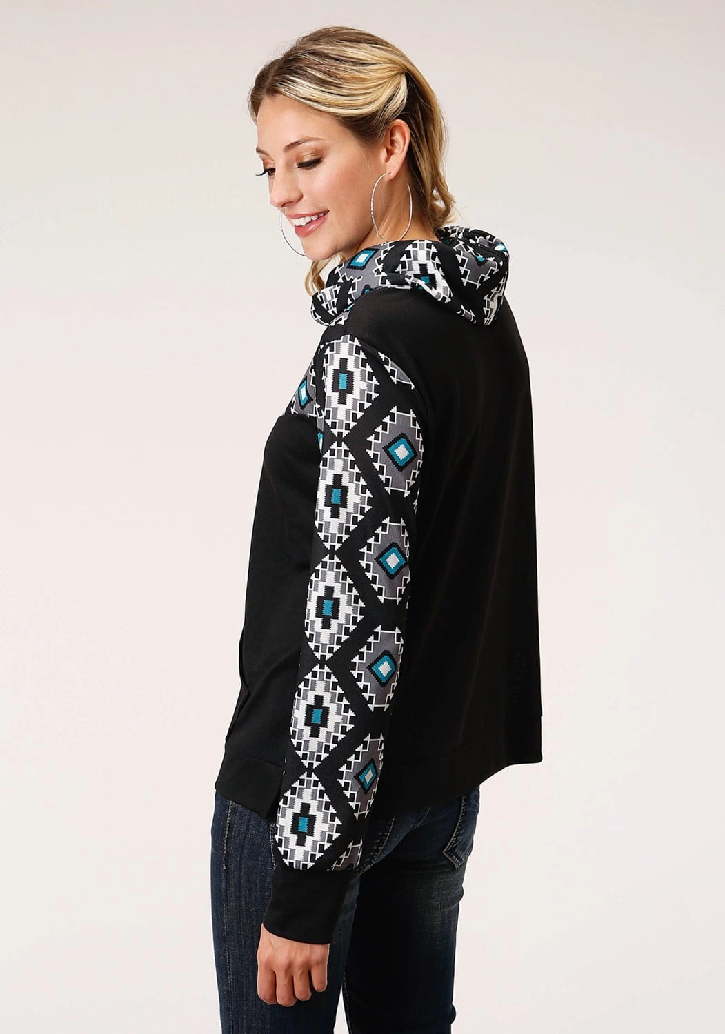 Roper Womens Black Polyester Cowl Neck Navajo Rug Hoodie Chilly Wardrobe Tactile Grid Knit
