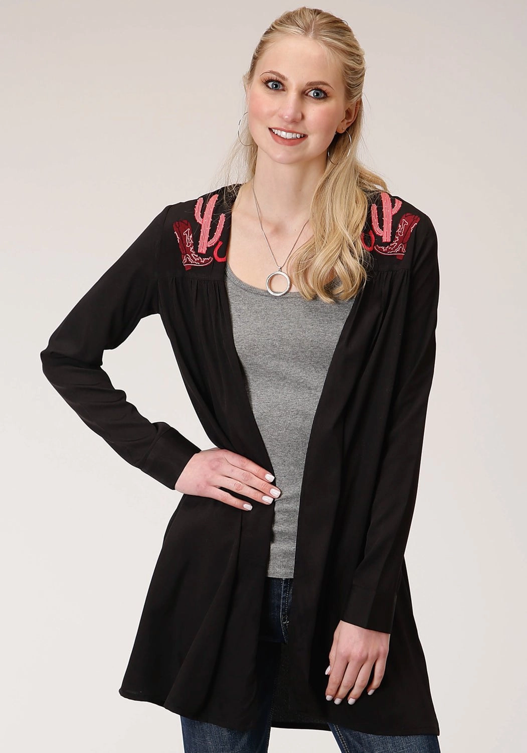 Roper Womens Black Polyester Pink Cactus Cardigan Comfy Design Stretch Knit Technology