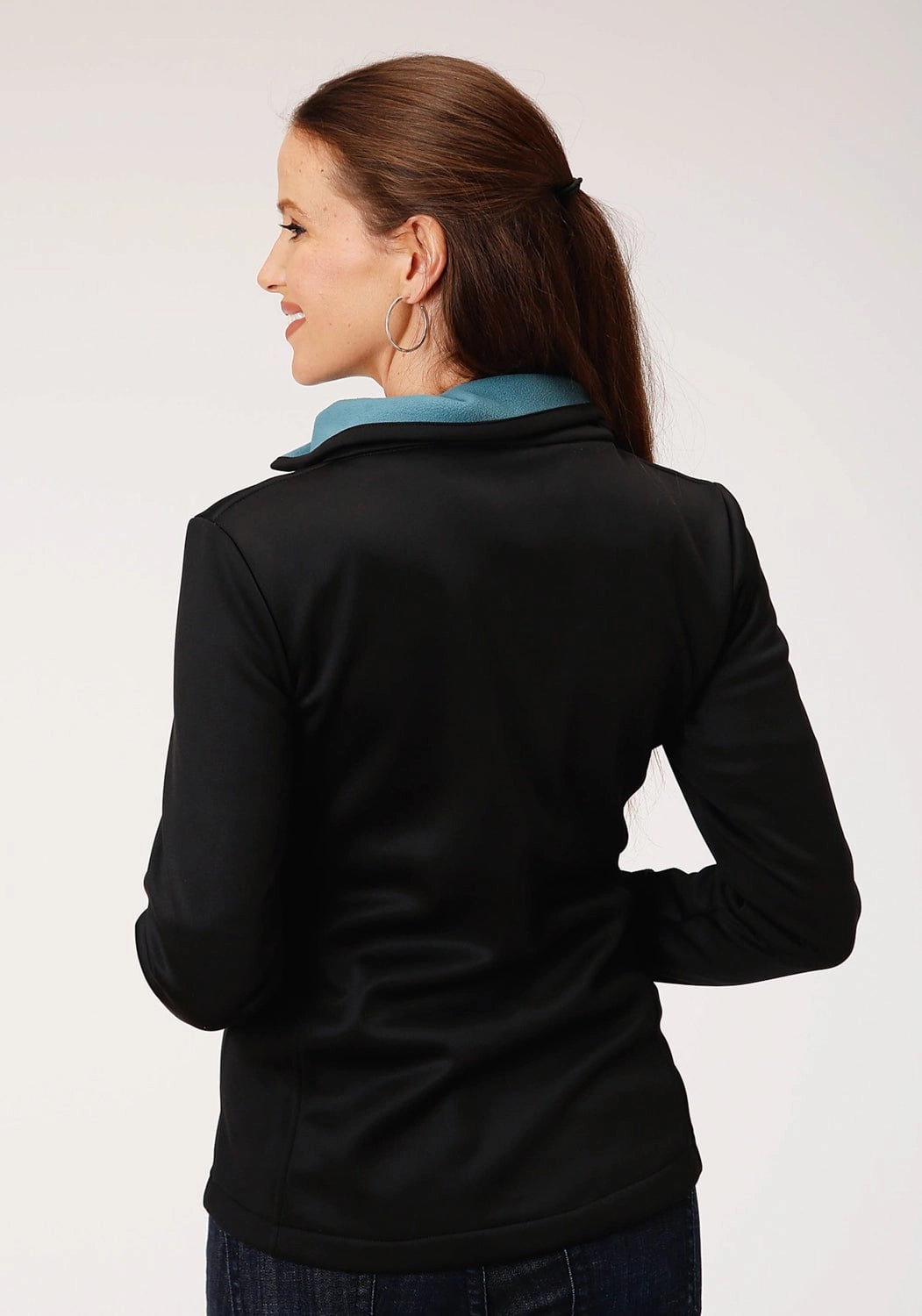 Roper Womens Black Polyester Teal Fleece Jacket Mid Length Cut