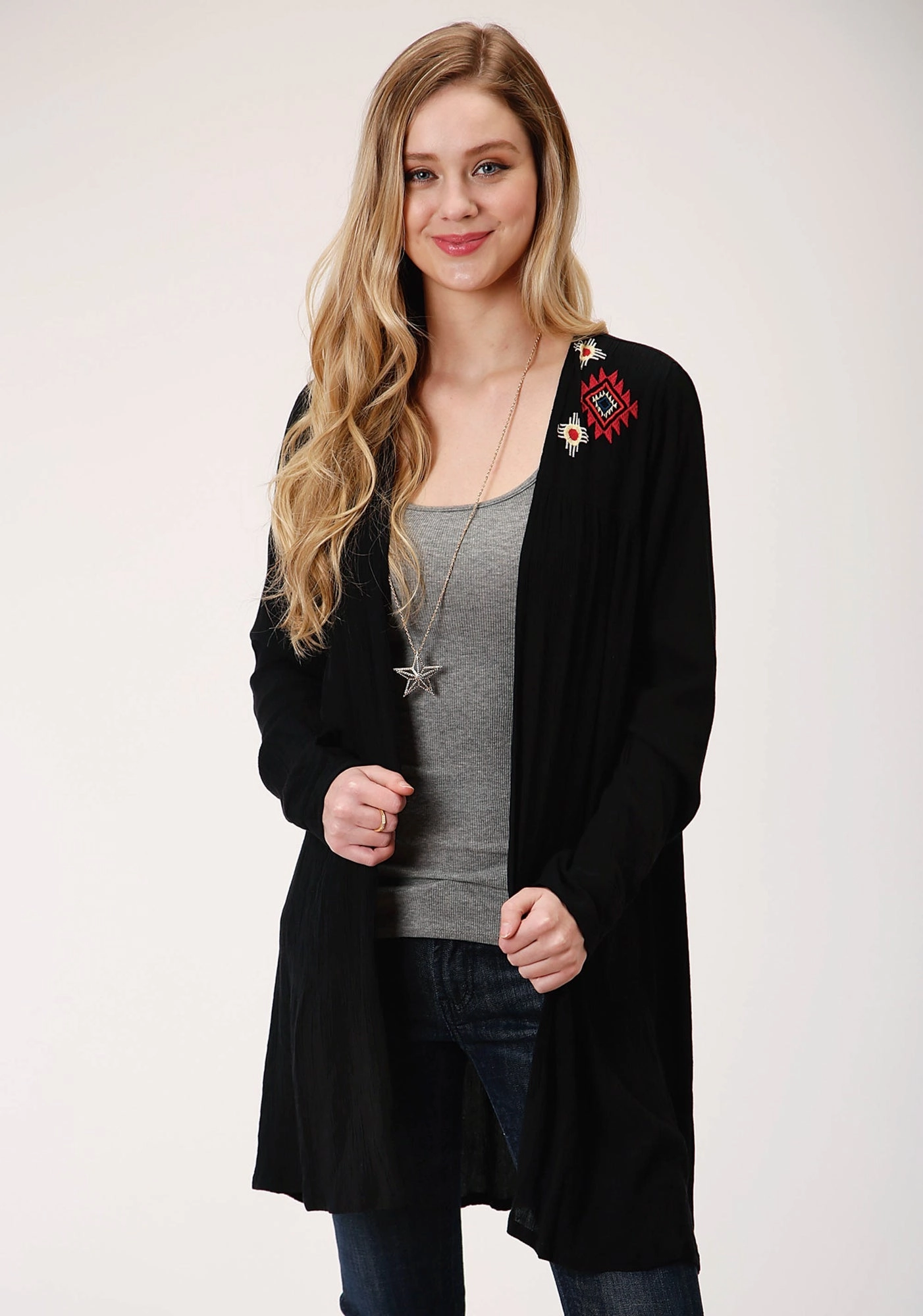 Winter Cozy Abrasion Resistant Seams Roper Womens Black Rayon/Nylon Western Embroidery Cardigan