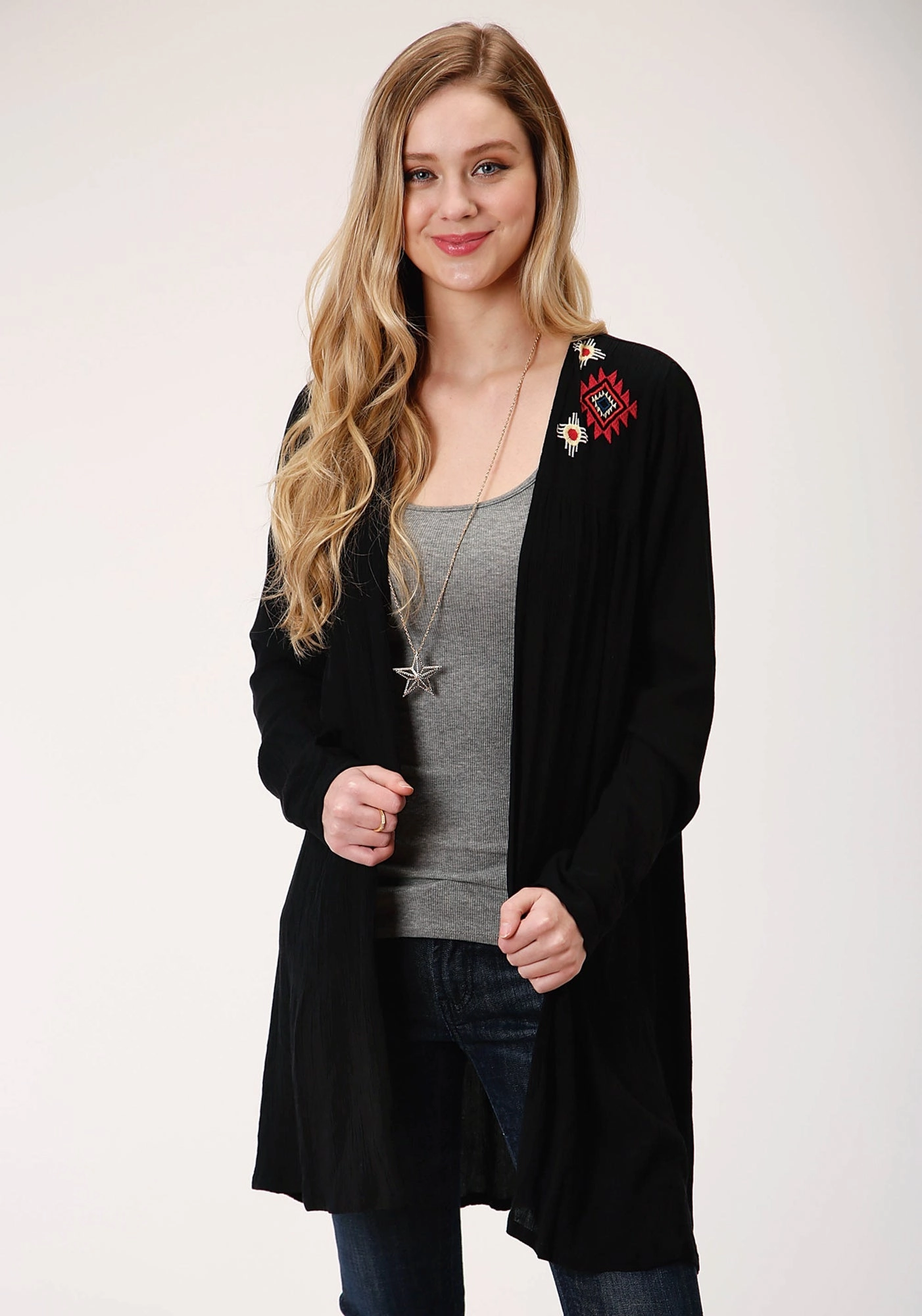 Roper Womens Black Rayon/Nylon Western Embroidery Cardigan Comfy Wear Versatile Apparel