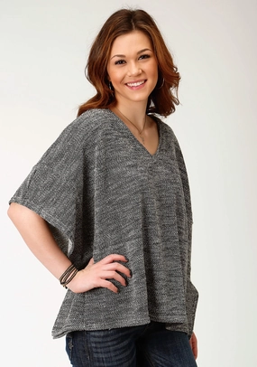 Layering Style Roper Womens Black/White Cotton Blend V-Neck Poncho Sweater