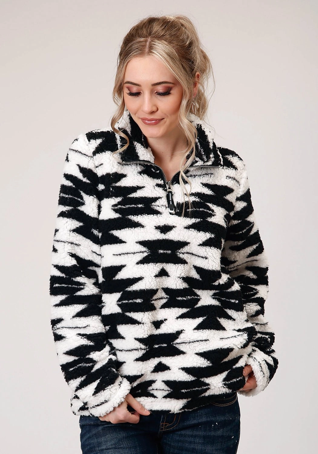 Button Fastenings Aramid Fiber Reinforcement Roper Womens Black/White Polyester Polar Fleece Aztec Jacket