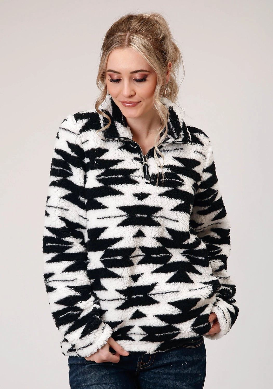 Roper Womens Black/White Polyester Polar Fleece Aztec Jacket InterchangeablePanels