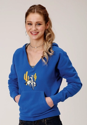 Roper Womens Blue Cotton Blend Bronc Rider Cactus Hoodie Chilly Comfort