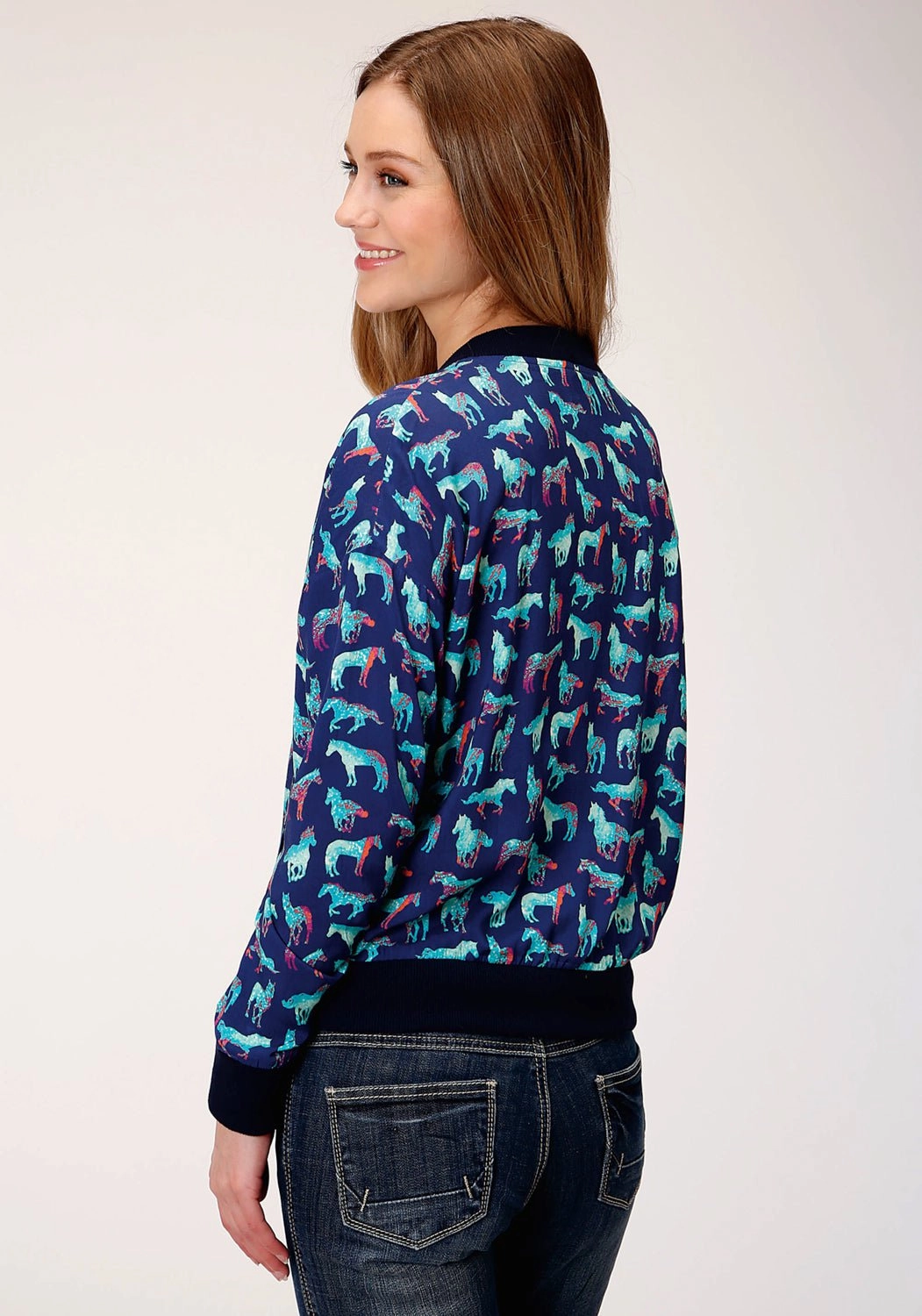 TemperatureRegulating Fabric Roper Womens Blue Rayon/Nylon Wild Horse Bomber Jacket