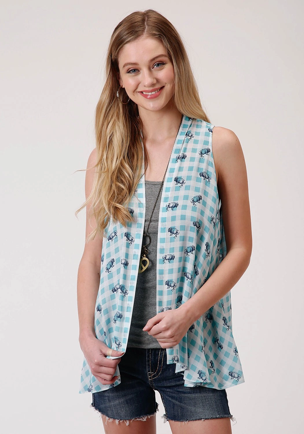 Roper Womens Buffalo Check Turquoise 100% Rayon Cardigan Sweater Casual Layering Comfy & Cozy