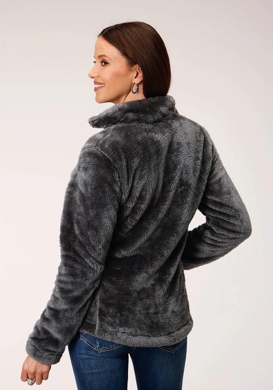 Adjustable Cuff Reinforced Elbow Panels Roper Womens Charcoal Grey Polyester Fuzzy Fleece Jacket