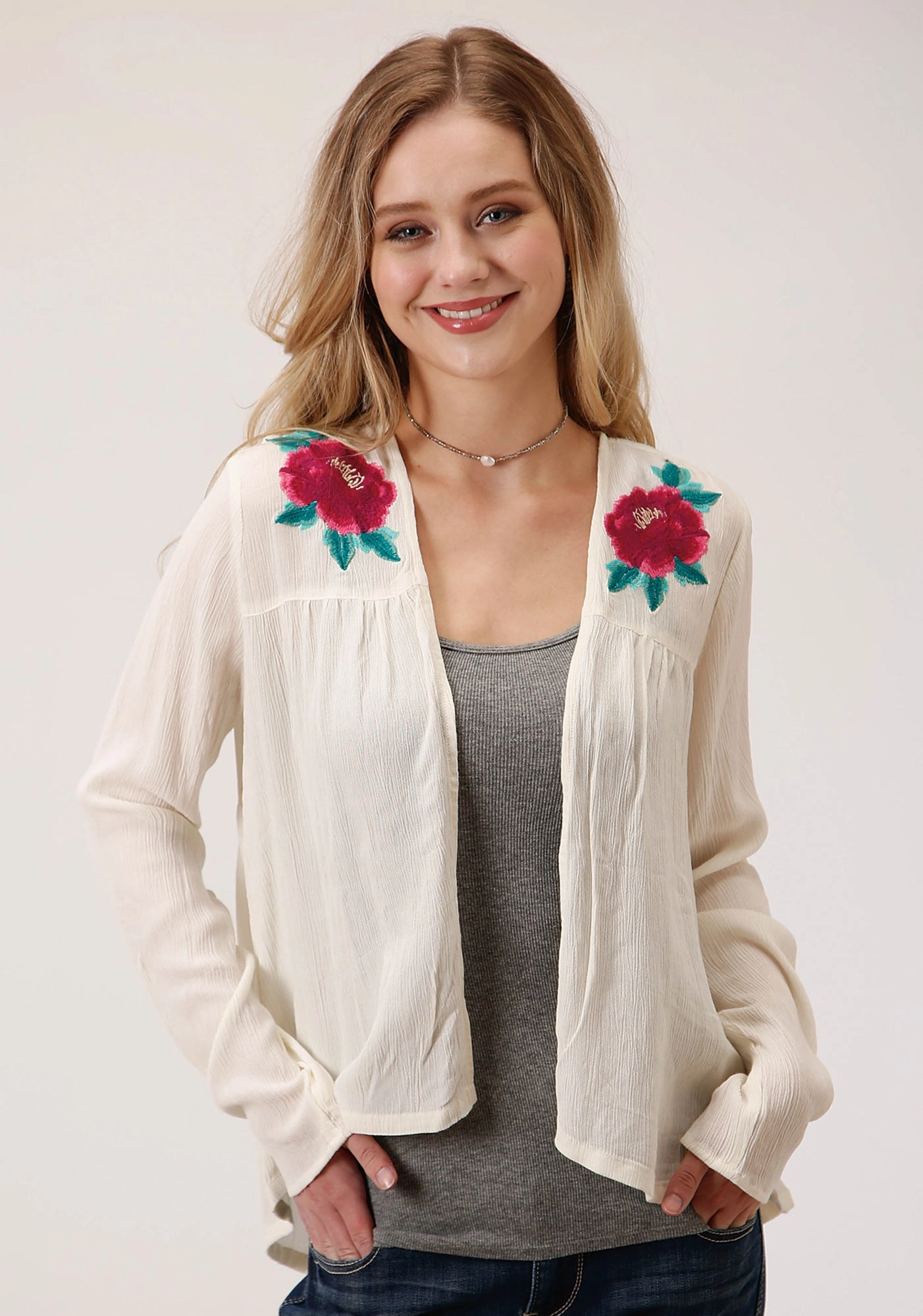 Roper Womens Cream Rayon/Nylon Floral Embroidery Cardigan Cold Weather Knitwear