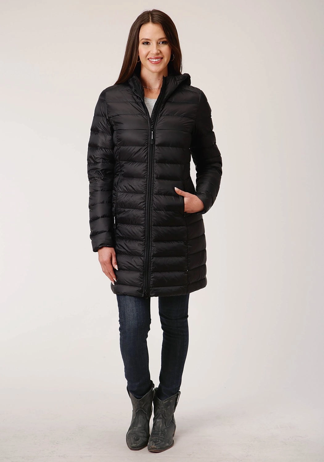 Roper Womens Down Coated Black Nylon Insulated Jacket Cozy Layering ReflectiveDetails