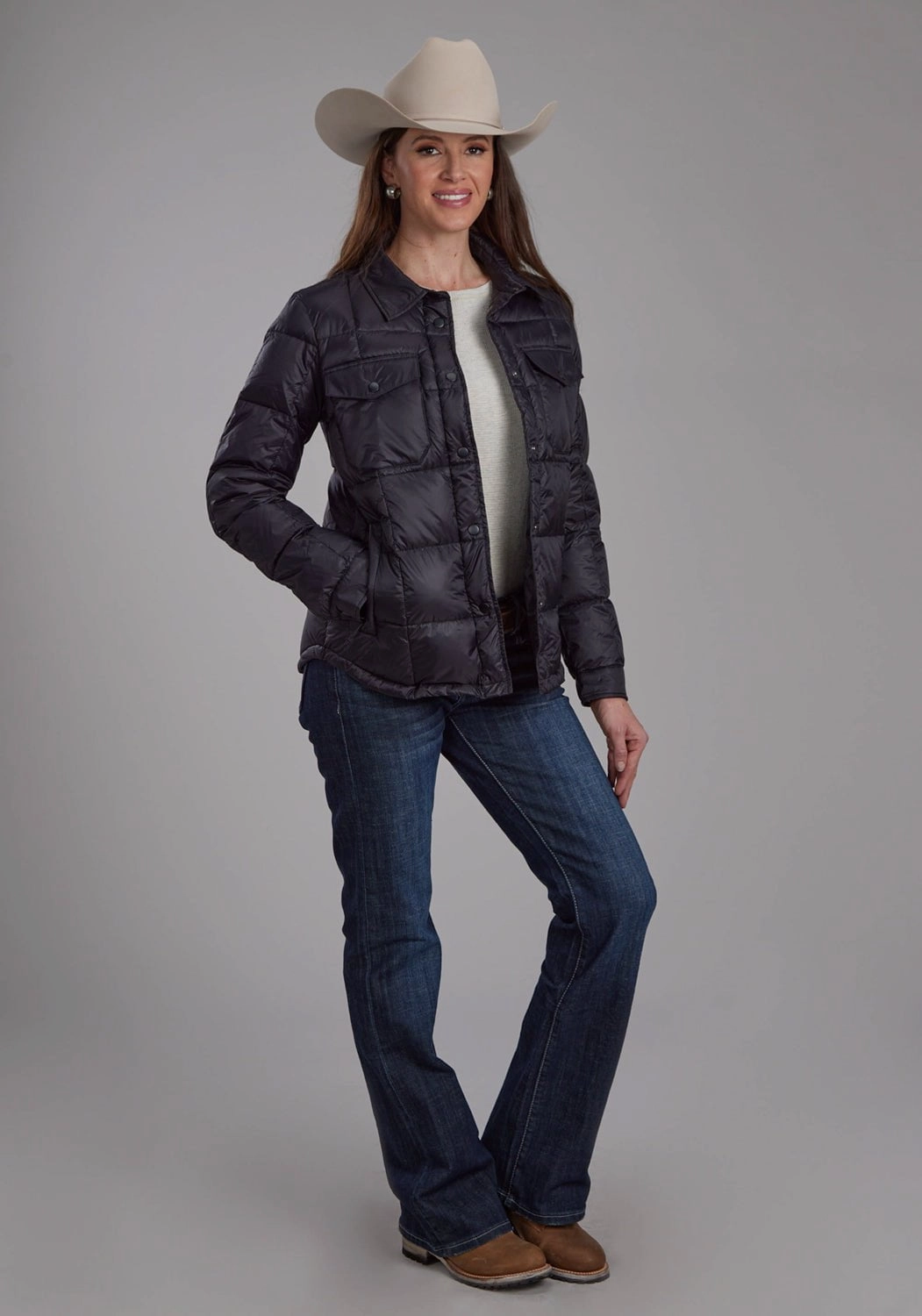 Roper Womens Down Filled Shirt Black 100% Nylon Softshell Jacket ReinforcedElbows Neutral Tones