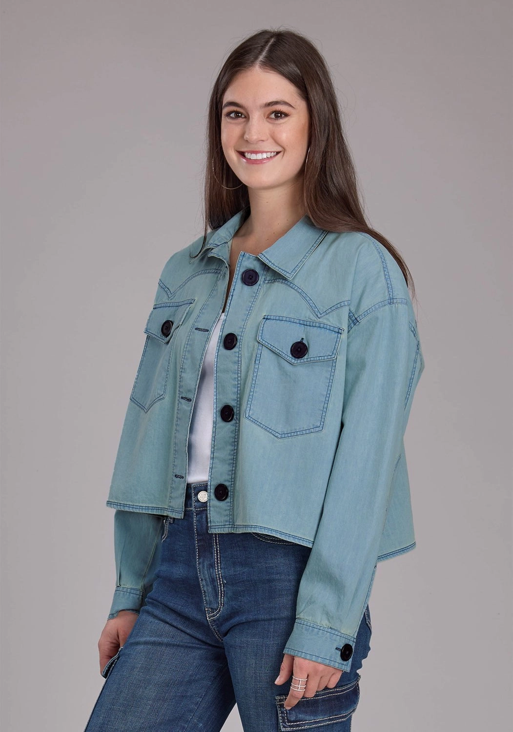 Single Breasted Wind Stop Roper Womens Elbow Patches Denim Light Blue 100% Cotton Jacket