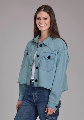 Single Breasted Wind Stop Roper Womens Elbow Patches Denim Light Blue 100% Cotton Jacket