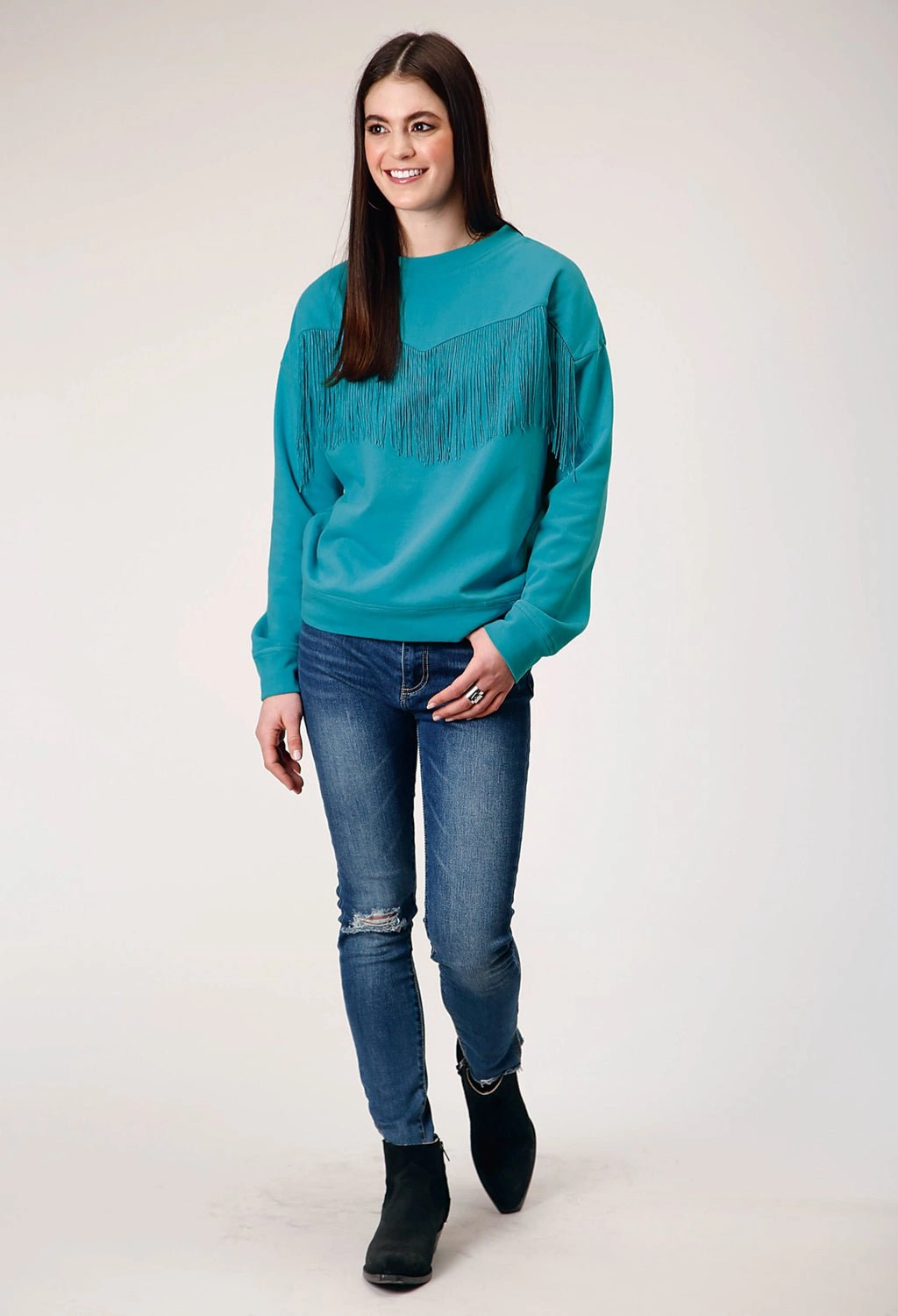 hypoallergenic Soft and Stylish Roper Womens Fringe Turquoise 100% Cotton Sweatshirt
