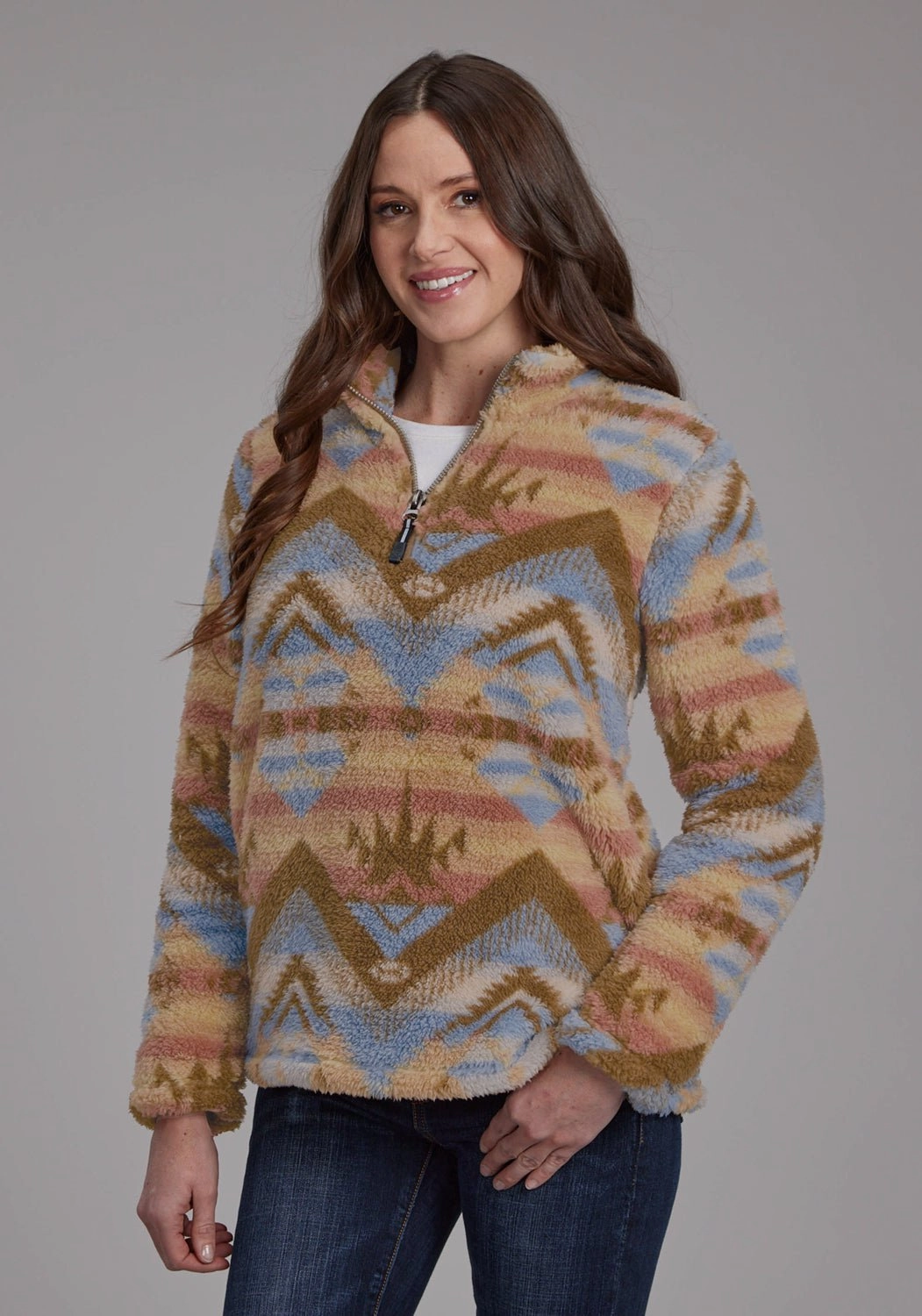 Roper Womens Fuzzy Aztec Brown/Blue 100% Polyester Fleece Jacket Cuffs Adjust Active Daily Wear