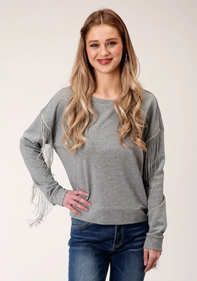 Roper Womens Gray Polyester Chain Fringe Sweater Layered Neckline