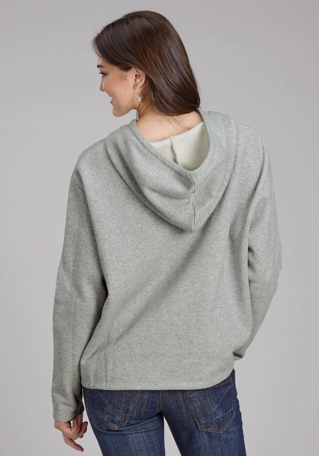 Roper Womens Longhorn Fleece Grey Cotton Blend Hoodie Double Layered Collar