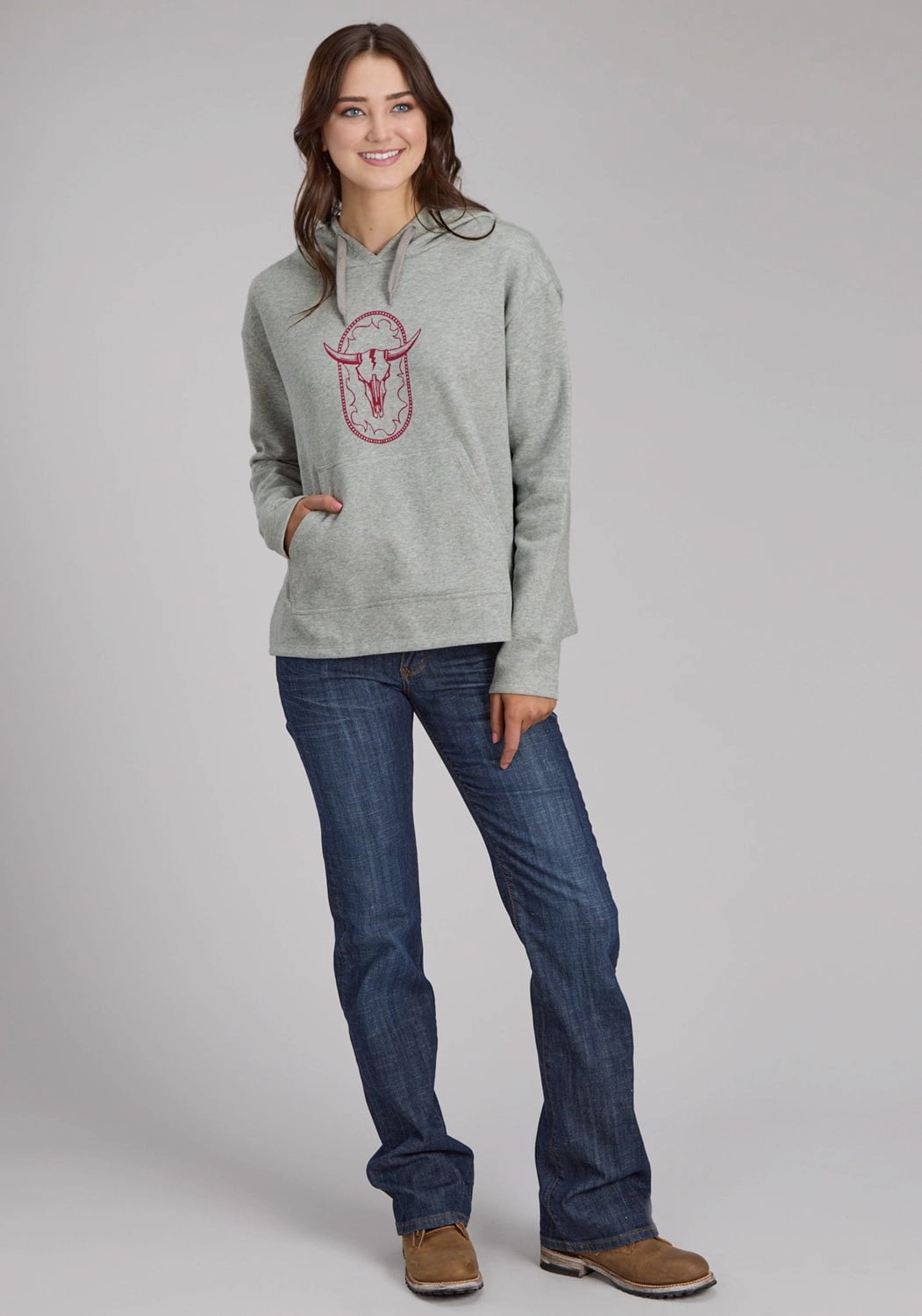 Temperature Regulating Roper Womens Longhorn Fleece Grey Cotton Blend Hoodie