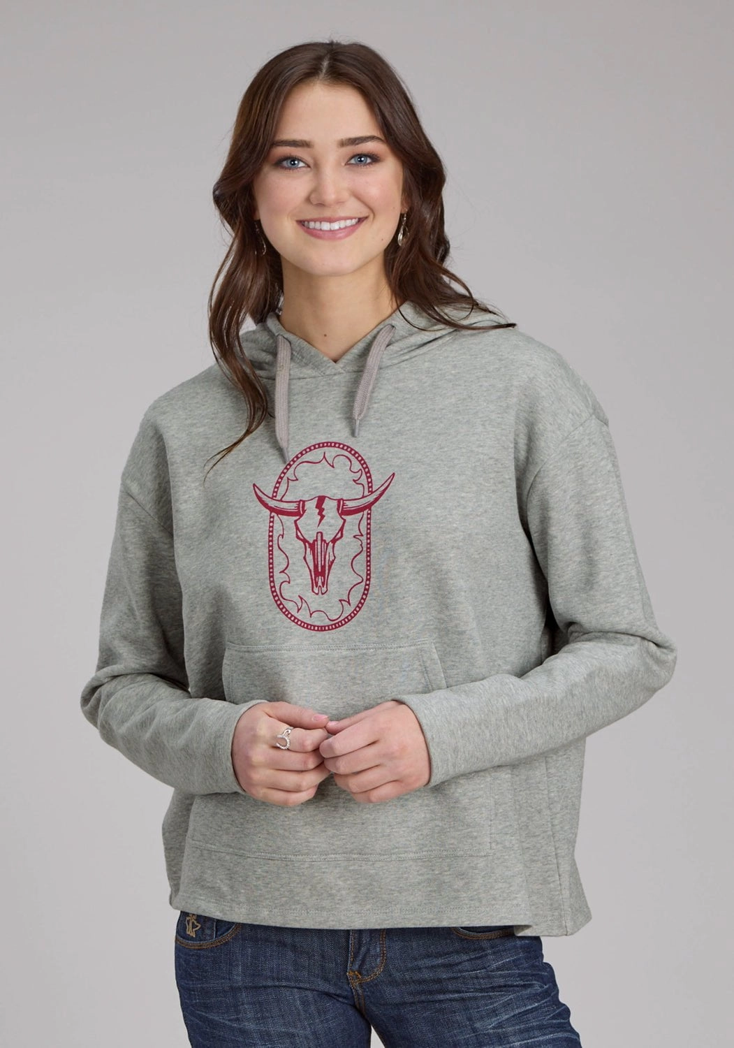 Roper Womens Longhorn Fleece Grey Cotton Blend Hoodie Business Attire