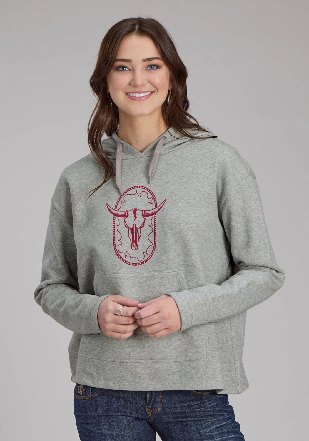 Cozy Texture Cozy Street Style Roper Womens Longhorn Fleece Grey Cotton Blend Hoodie