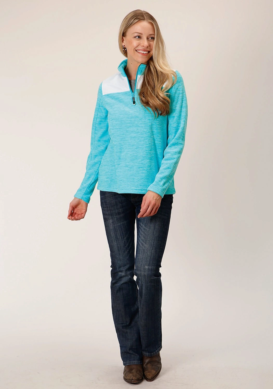Reinforced Shoulder Panels Roper Womens Micro Heather Turquoise 100% Polyester Fleece Jacket