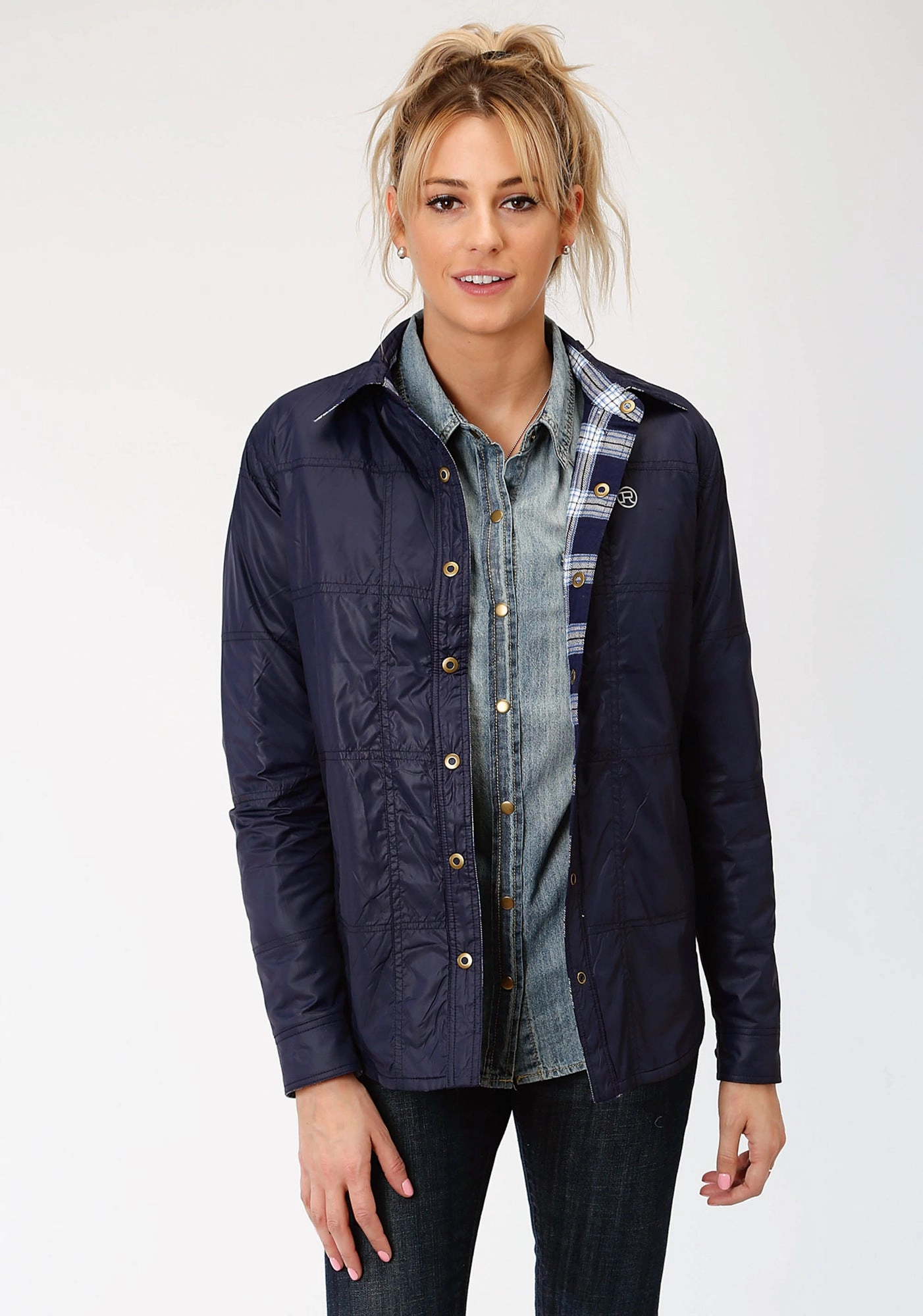Roper Womens Navy/White Polyester Reversible Jacket Breathable Mesh Panels Recycled Material Blend