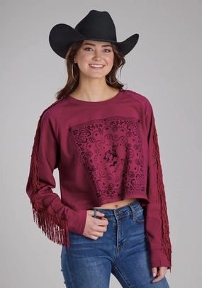 Roper Womens Paisley Square Fringe Wine 100% Cotton Sweatshirt Effortless Warmth Winter Knitwear
