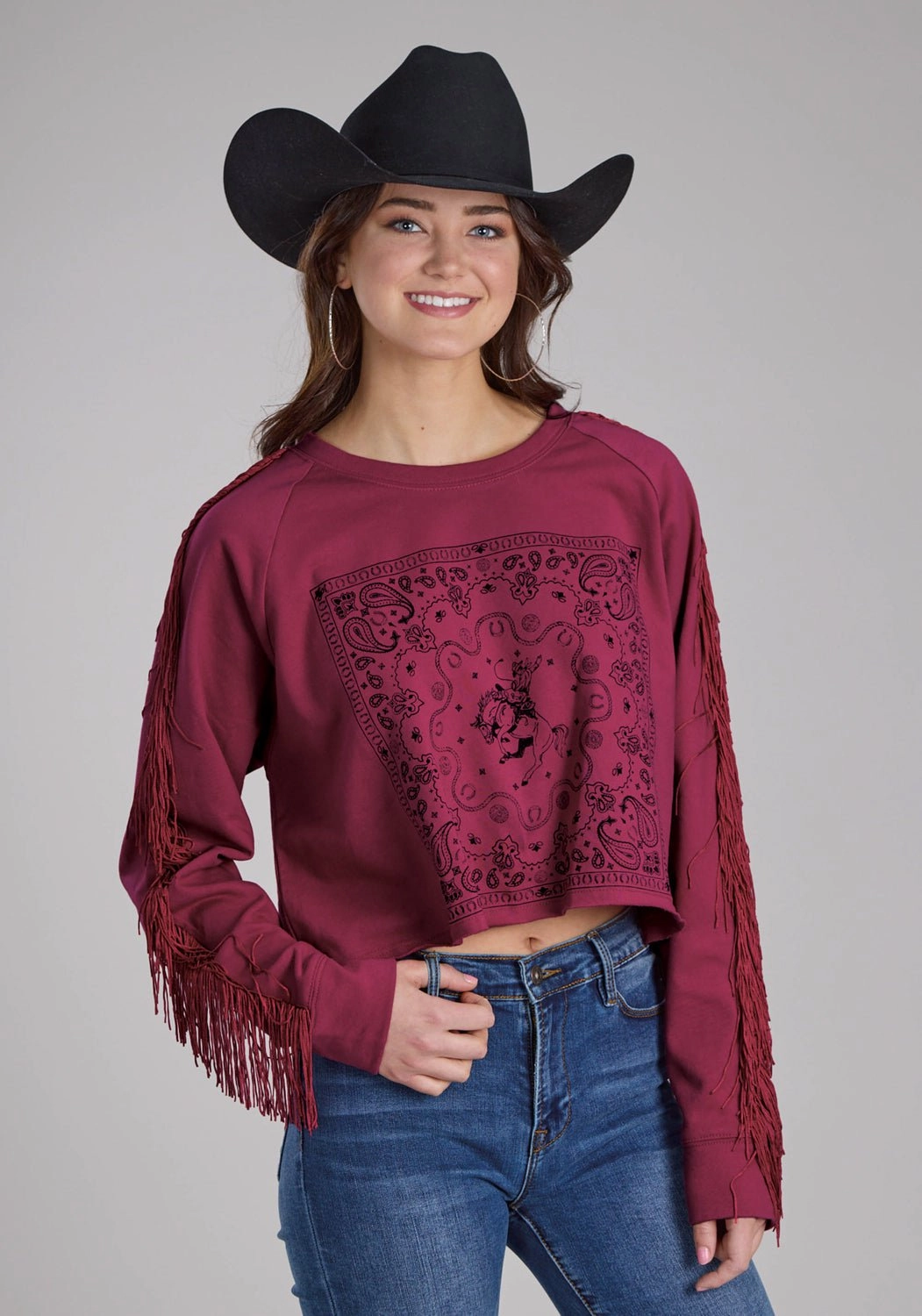 Roper Womens Paisley Square Fringe Wine 100% Cotton Sweatshirt Effortless Warmth Winter Knitwear