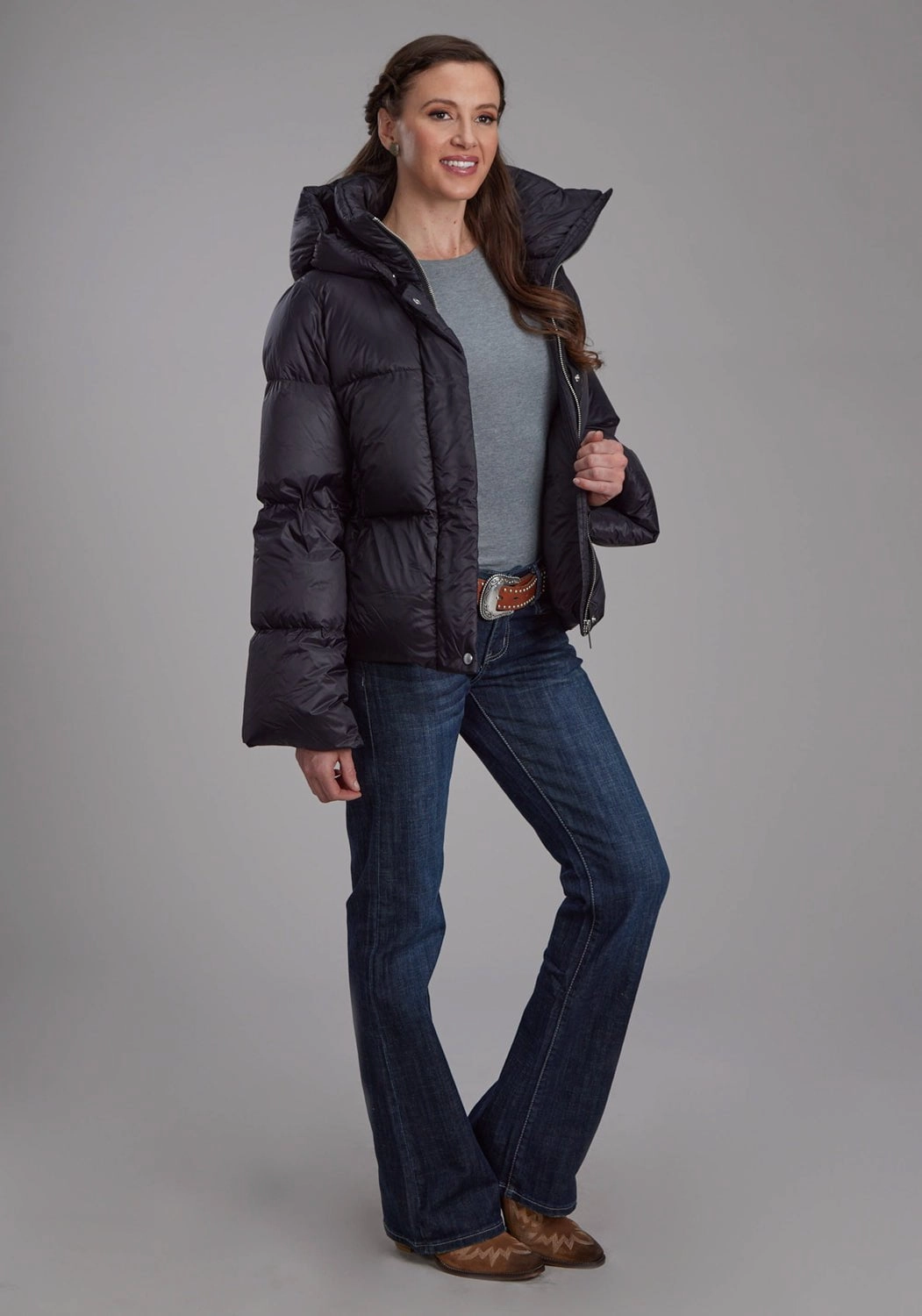 Fit For Travel Basic Travel Fit Roper Womens Puffer Down Coat Black 100% Nylon Softshell Jacket