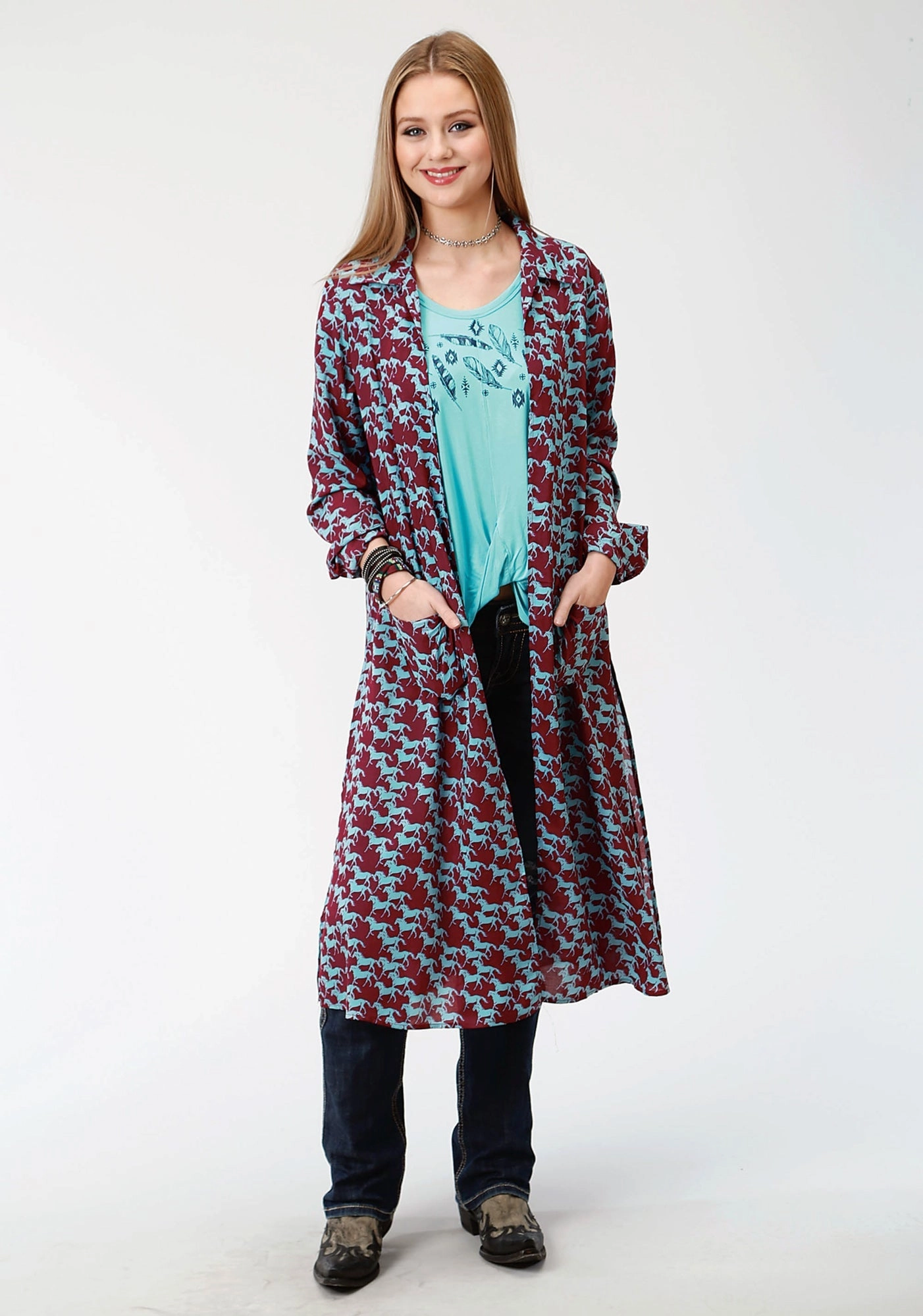 Snug & Stylish Simple Warmth Roper Womens Red Rayon/Nylon Turquoise Stampede Cardigan