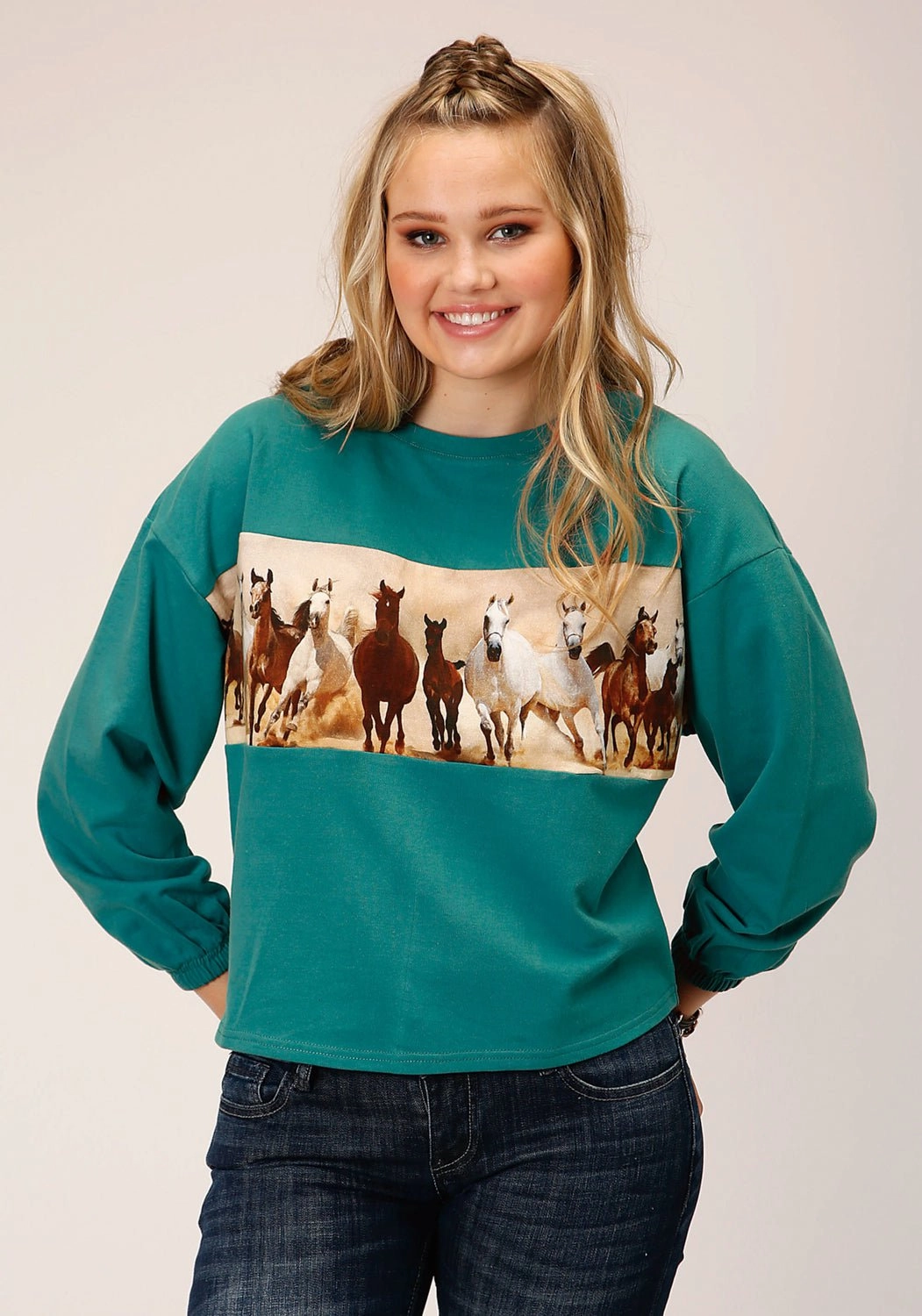 Reinforced Shoulder Design Roper Womens Running Horses Blue 100% Cotton Sweatshirt