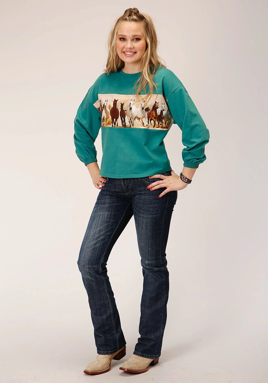 Roper Womens Running Horses Blue 100% Cotton Sweatshirt Casual Fit