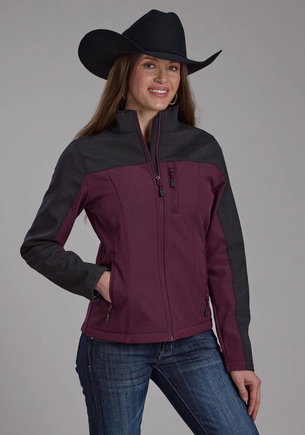 Anti Static Treatment Roper Womens Technical Pieced Wine/Gray Polyester Softshell Jacket
