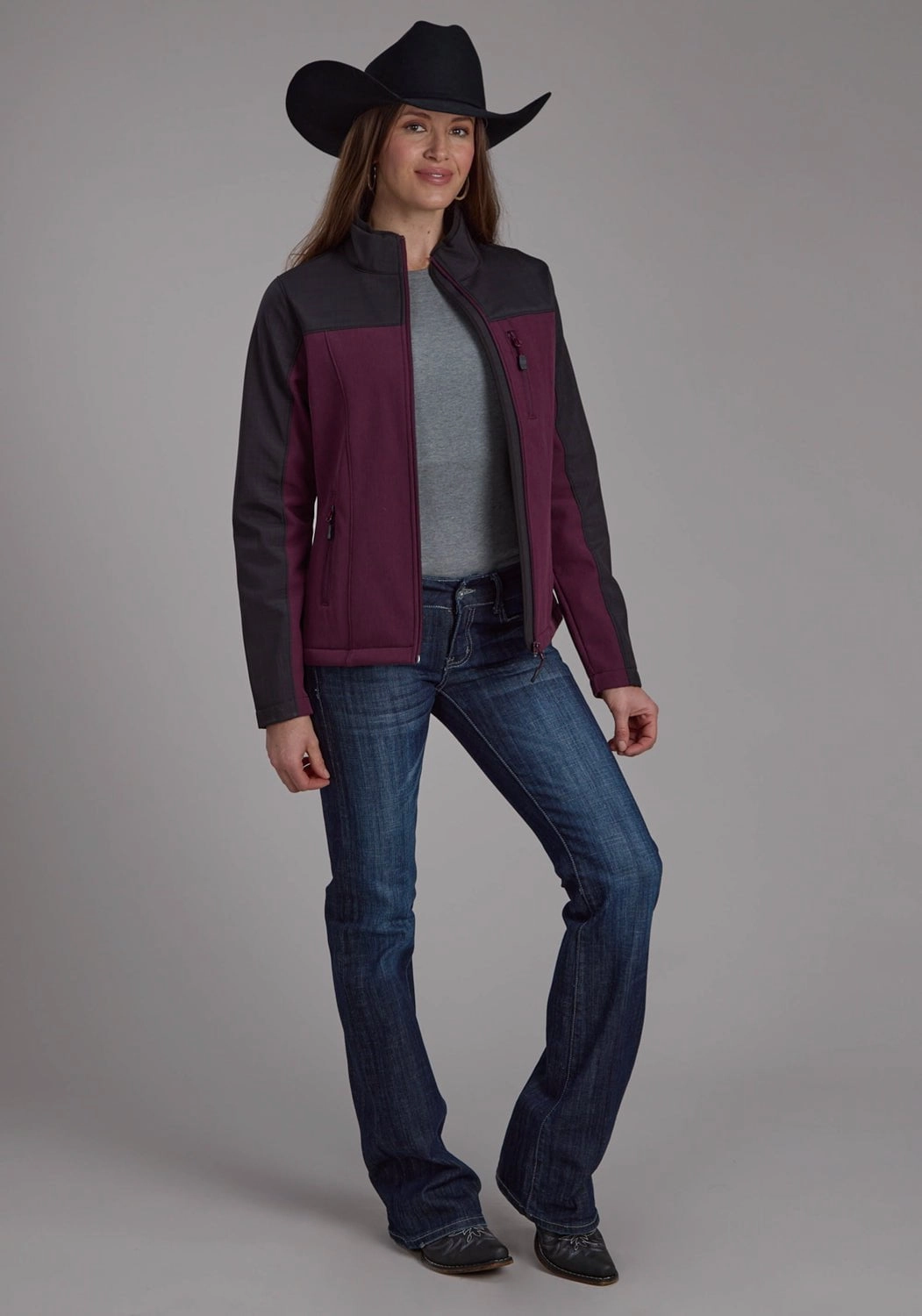 Roper Womens Technical Pieced Wine/Gray Polyester Softshell Jacket Bright Color