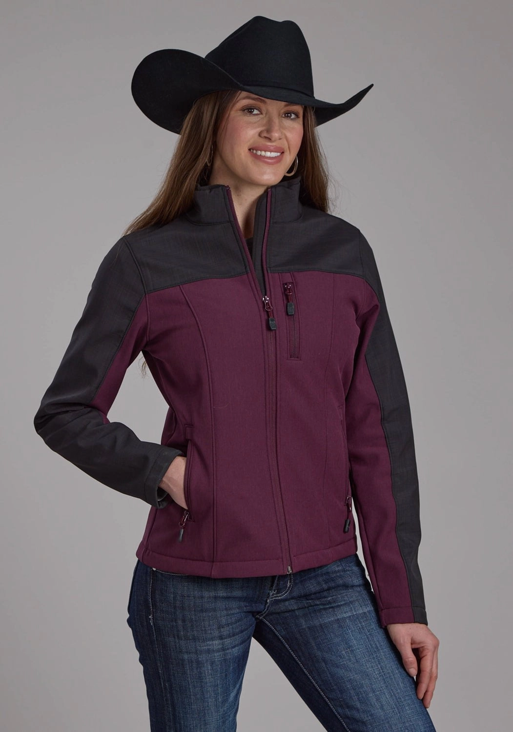 Chill Day Layer Utility Pockets Roper Womens Technical Pieced Wine/Gray Polyester Softshell Jacket