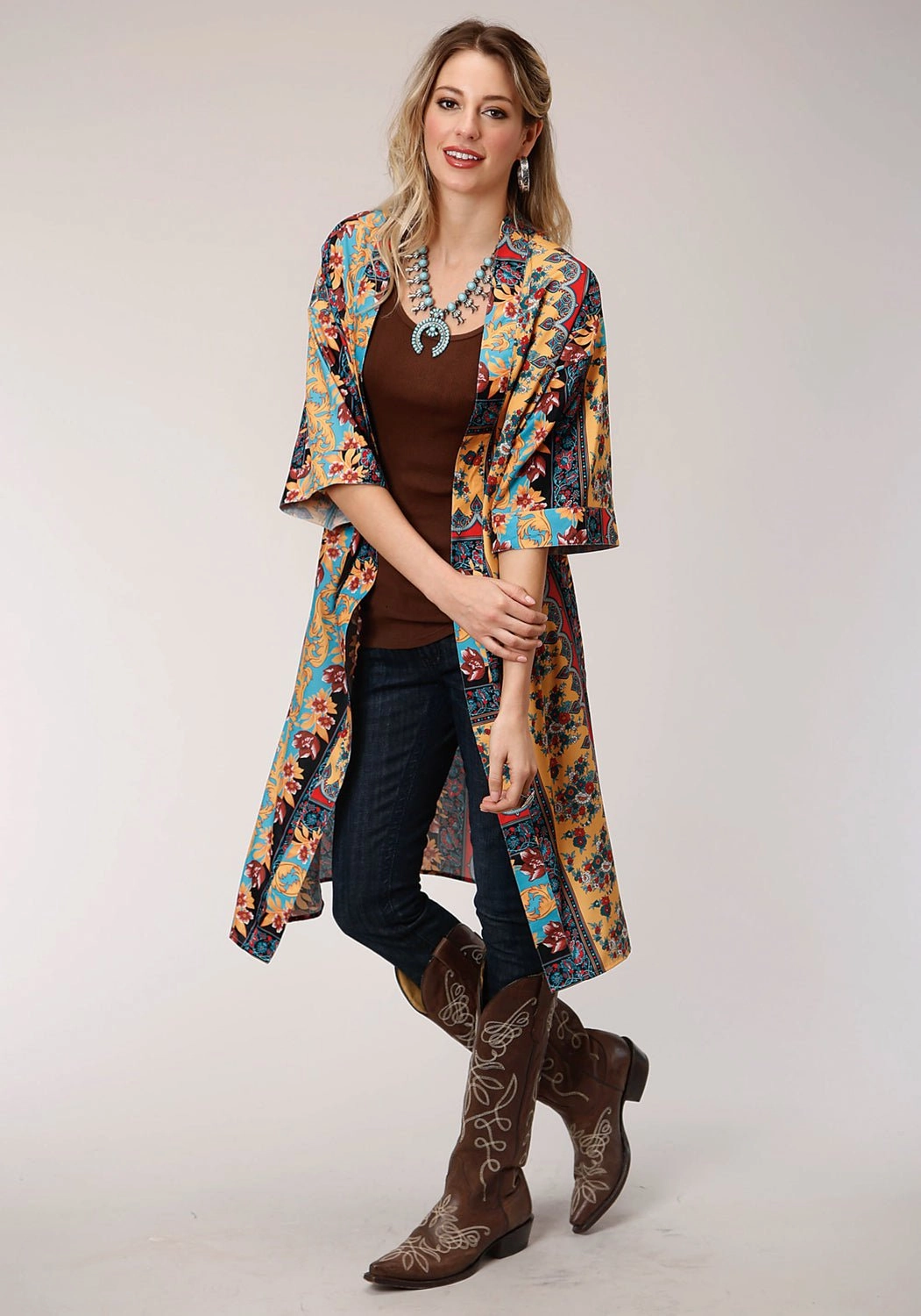 Winter Comfort Layer Roper Womens Turquoise Polyester Baroque Floral Cardigan