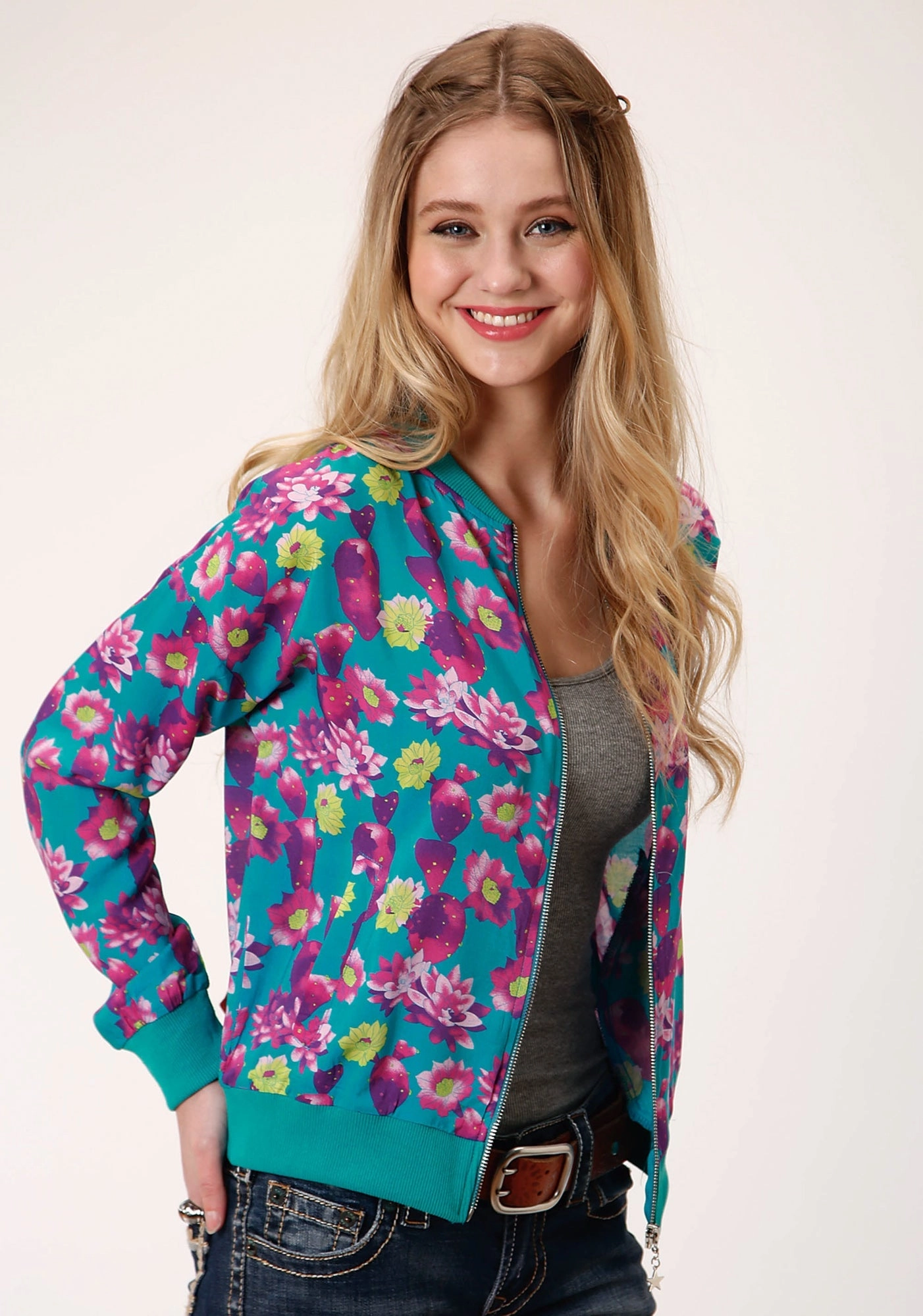 Flexible Hem Adjustment Silicone Grip Trim Roper Womens Turquoise/Purple Rayon/Nylon Cactus Floral Jacket