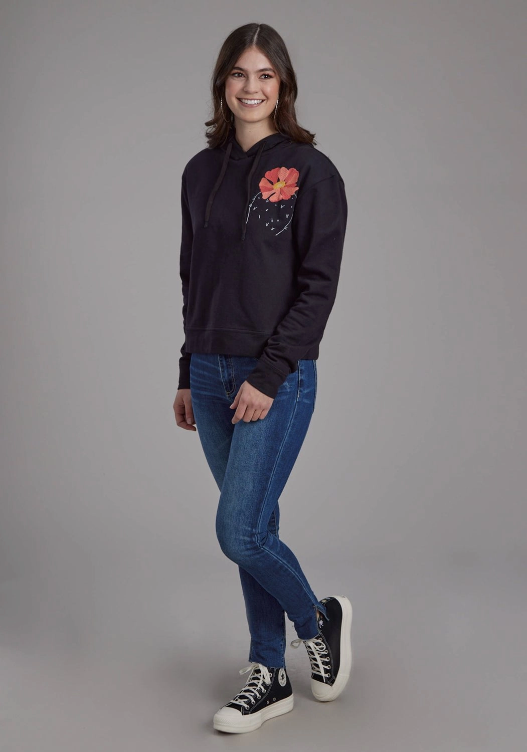 Roper Womens Twill Hood Flower Black 100% Cotton Hoodie Autumn Ready Quick Drying