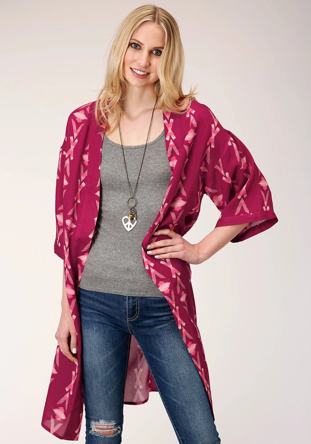 Flexible Waistband Roper Womens Wine Rayon/Nylon Aztec Print Kimono Cardigan