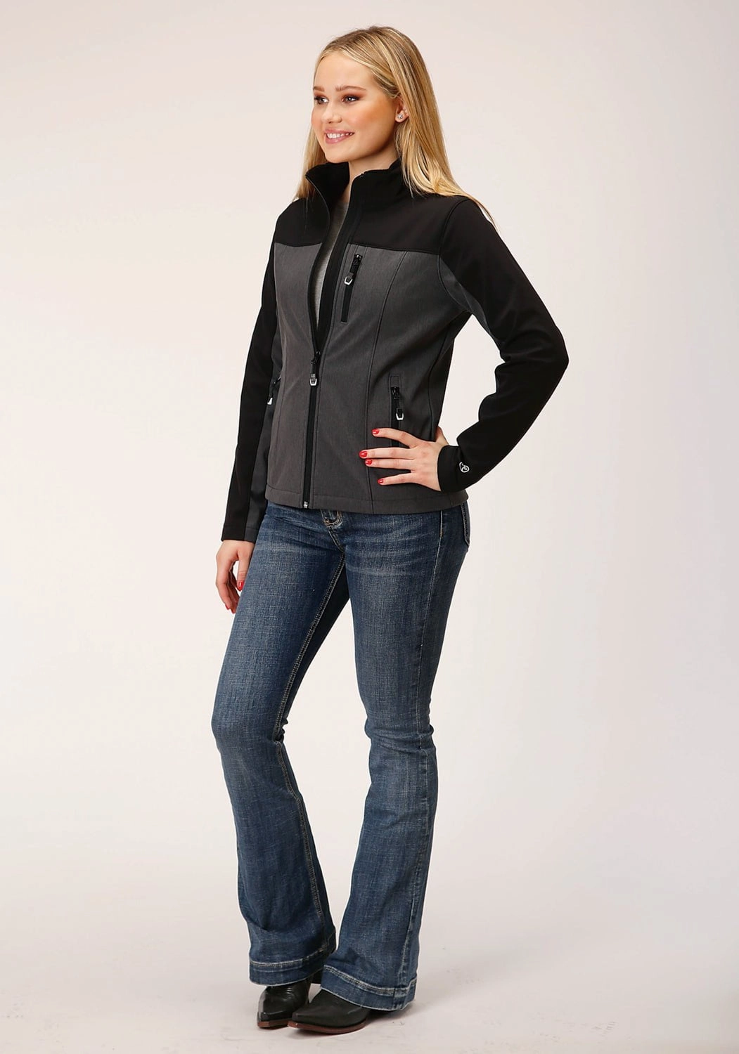 Button Closure Roper Womens Zip Grey/Black Polyester Softshell Jacket