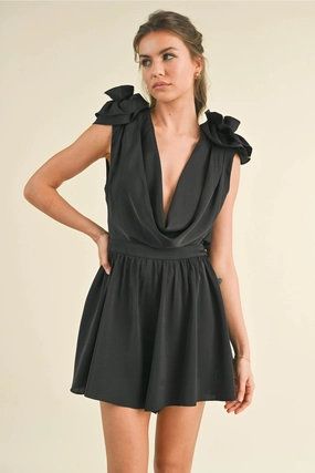 Rosette Cowl Neck Romper - Black pilling resistant Smart Design