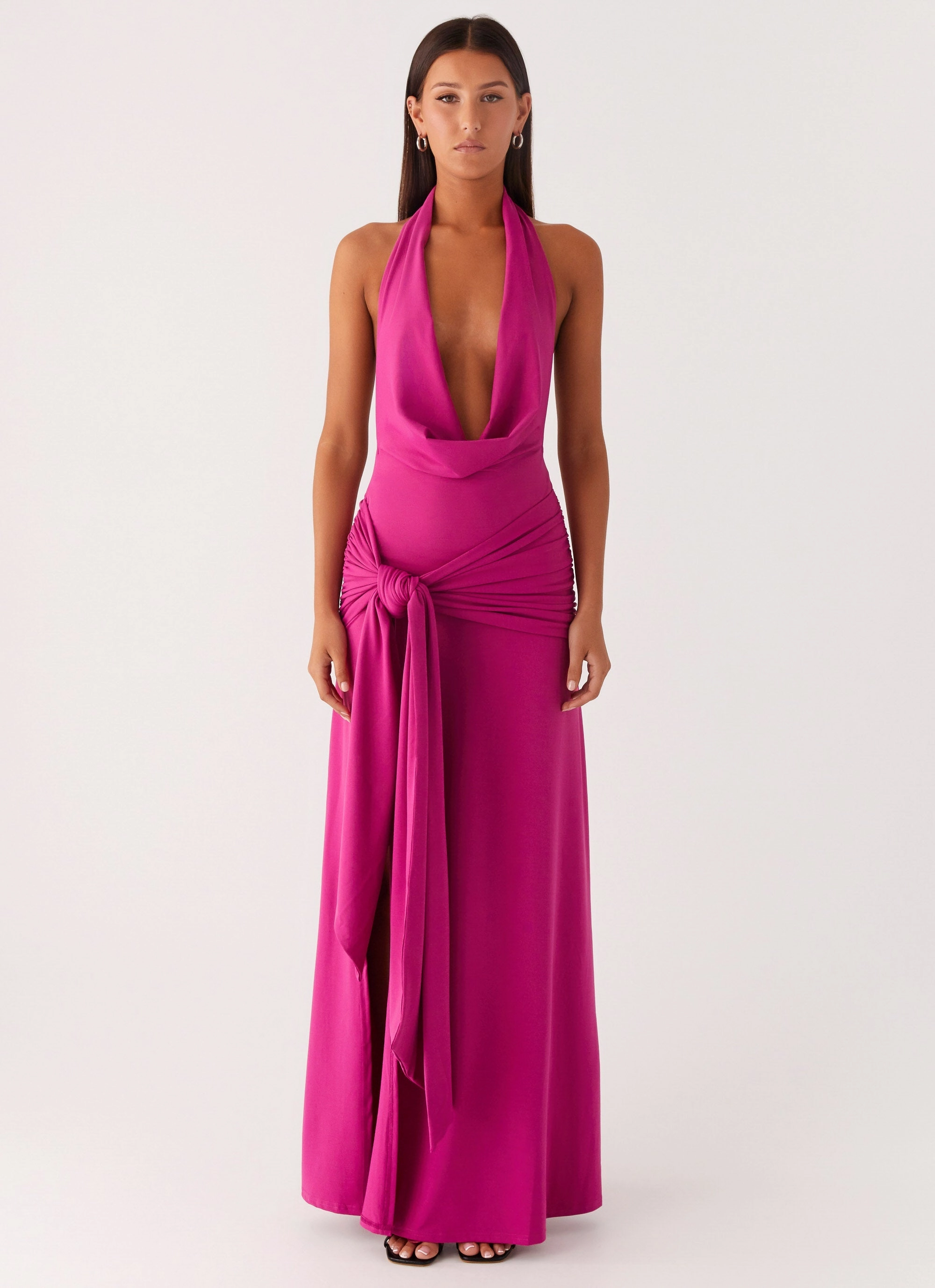 Mixed Fabric Rowan Ray Cowl Maxi Dress - Fuchsia
