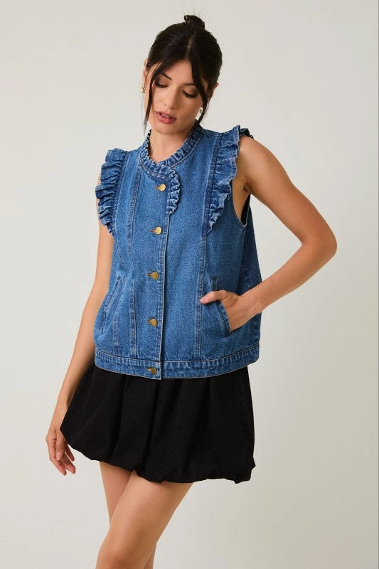 Ruffle Detail Denim Vest QuickDry Texture