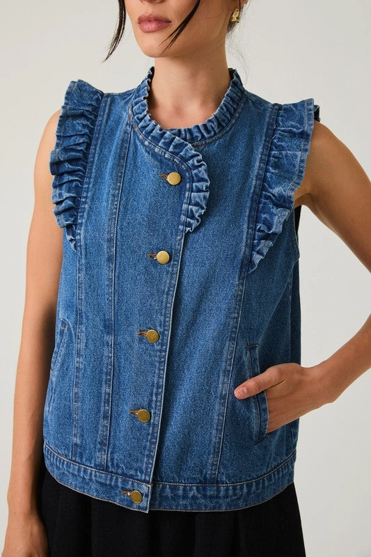 Ruffle Detail Denim Vest Stretch Fit Engineering High Durability Material